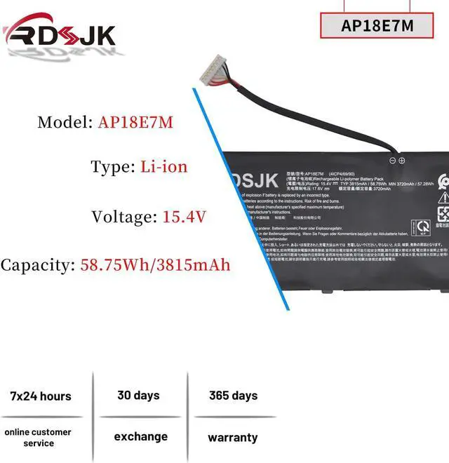 Alt view image 2 of 7 - AP18E7M AP18E8M Laptop Battery for Acer Nitro 5 AN515-43 AN515-44 AN515-52 AN515-54 AN517-51 AN517-52 Nitro 7 AN715-51 Aspire 7 A715-74G Predator Helios 300 PH317-53 Triton 300 PT315-51 15.4V 58.75Wh