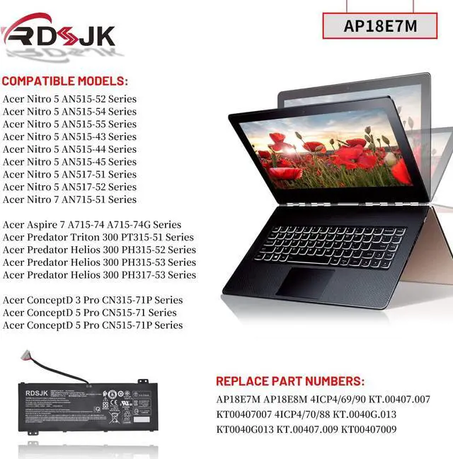 Alt view image 3 of 7 - AP18E7M AP18E8M Laptop Battery for Acer Nitro 5 AN515-43 AN515-44 AN515-52 AN515-54 AN517-51 AN517-52 Nitro 7 AN715-51 Aspire 7 A715-74G Predator Helios 300 PH317-53 Triton 300 PT315-51 15.4V 58.75Wh