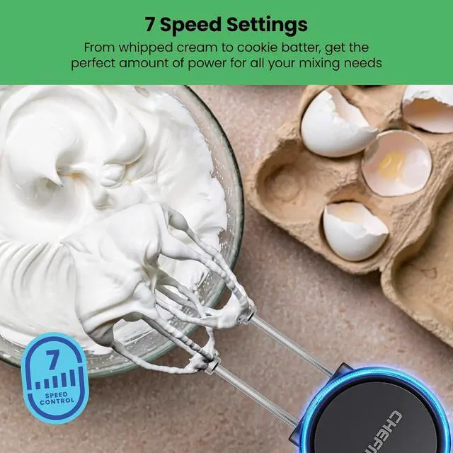 Alt view image 4 of 7 - Cordless Hand Mixer, 7 Speed Electric Handheld Kitchen Food Mixer, Easily Whisk Eggs, Whip Cream, or Mix Cookie Dough, Digital Display, Dishwasher Safe Parts, and LED Charge Indicator Light