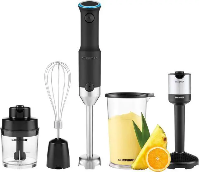 Main image of CHEFMAN Cordless Portable Immersion Blender 5-in-1 Blender Set, Ice Crushing Power with One-Touch Speed Control, Comes with Potato Masher, Whisk, Chopper, Beaker, and Storage Case, Stainless Steel