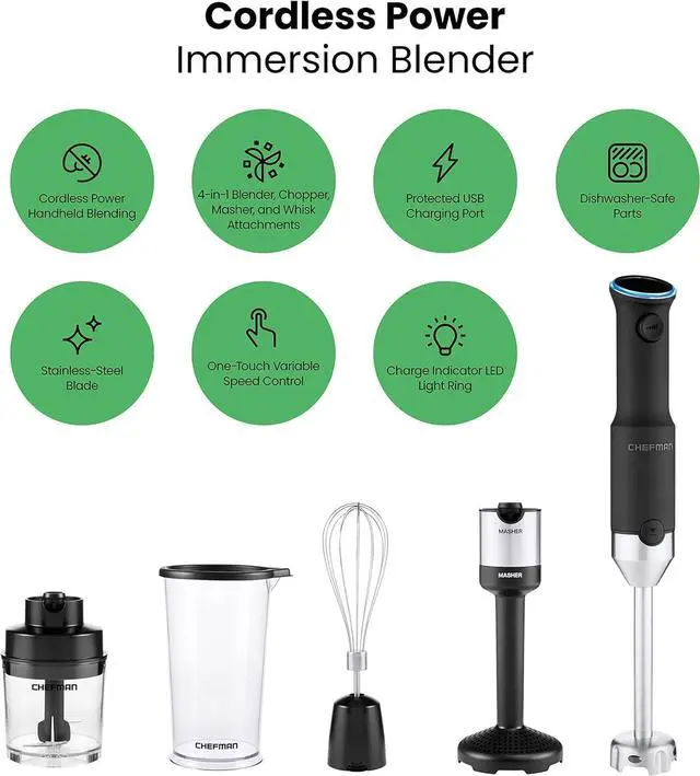 Alt view image 2 of 7 - CHEFMAN Cordless Portable Immersion Blender 5-in-1 Blender Set, Ice Crushing Power with One-Touch Speed Control, Comes with Potato Masher, Whisk, Chopper, Beaker, and Storage Case, Stainless Steel
