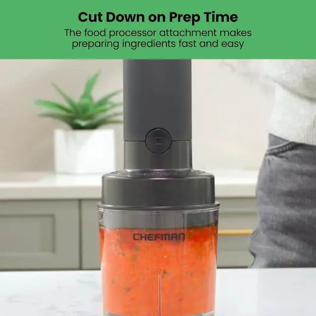 Alt view image 5 of 7 - CHEFMAN Cordless Portable Immersion Blender 5-in-1 Blender Set, Ice Crushing Power with One-Touch Speed Control, Comes with Potato Masher, Whisk, Chopper, Beaker, and Storage Case, Stainless Steel