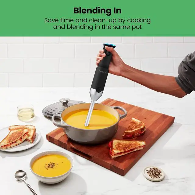 Alt view image 7 of 7 - CHEFMAN Cordless Portable Immersion Blender 5-in-1 Blender Set, Ice Crushing Power with One-Touch Speed Control, Comes with Potato Masher, Whisk, Chopper, Beaker, and Storage Case, Stainless Steel