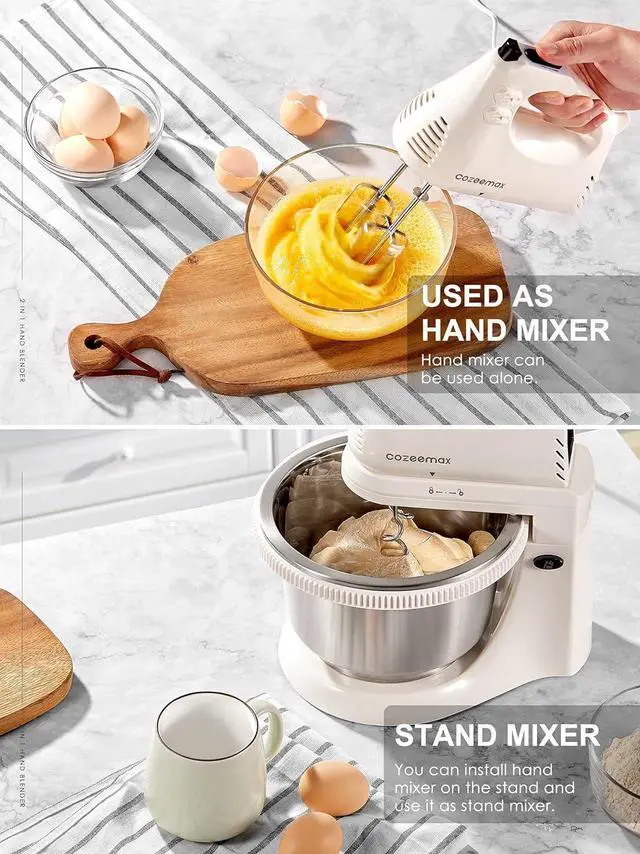 Alt view image 2 of 7 - 2 in 1 Hand Mixers Kitchen Electric Stand mixer with bowl 3 Quart, electric mixer handheld for Everyday Use, Dough Hooks & Mixer Beaters for Frosting, Meringues & More (White-S)