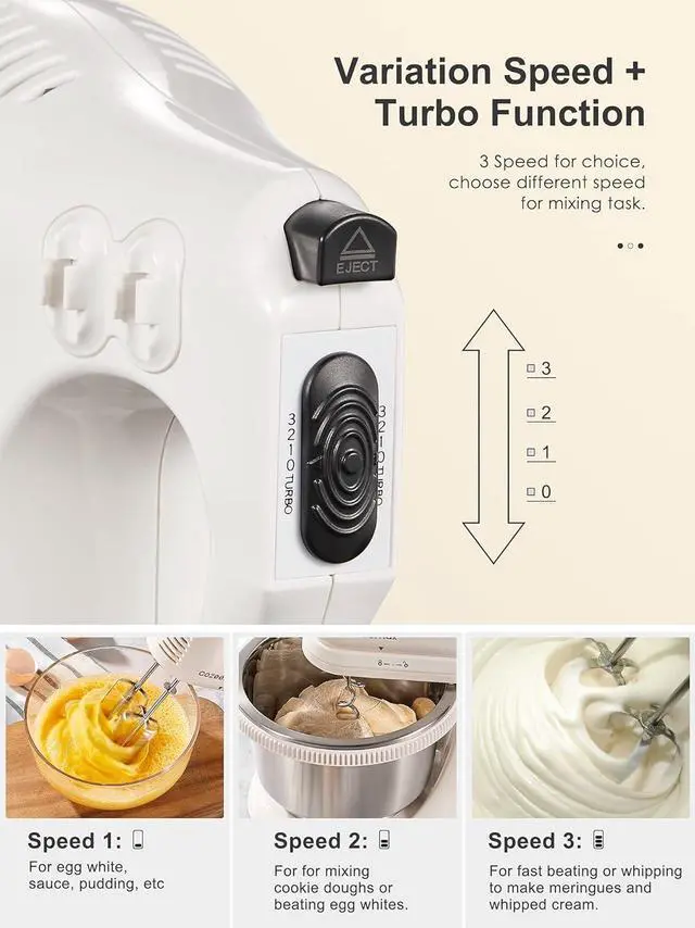 Alt view image 3 of 7 - 2 in 1 Hand Mixers Kitchen Electric Stand mixer with bowl 3 Quart, electric mixer handheld for Everyday Use, Dough Hooks & Mixer Beaters for Frosting, Meringues & More (White-S)