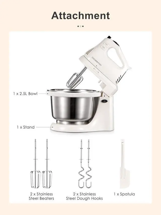 Alt view image 4 of 7 - 2 in 1 Hand Mixers Kitchen Electric Stand mixer with bowl 3 Quart, electric mixer handheld for Everyday Use, Dough Hooks & Mixer Beaters for Frosting, Meringues & More (White-S)