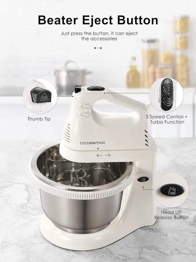Alt view image 5 of 7 - 2 in 1 Hand Mixers Kitchen Electric Stand mixer with bowl 3 Quart, electric mixer handheld for Everyday Use, Dough Hooks & Mixer Beaters for Frosting, Meringues & More (White-S)