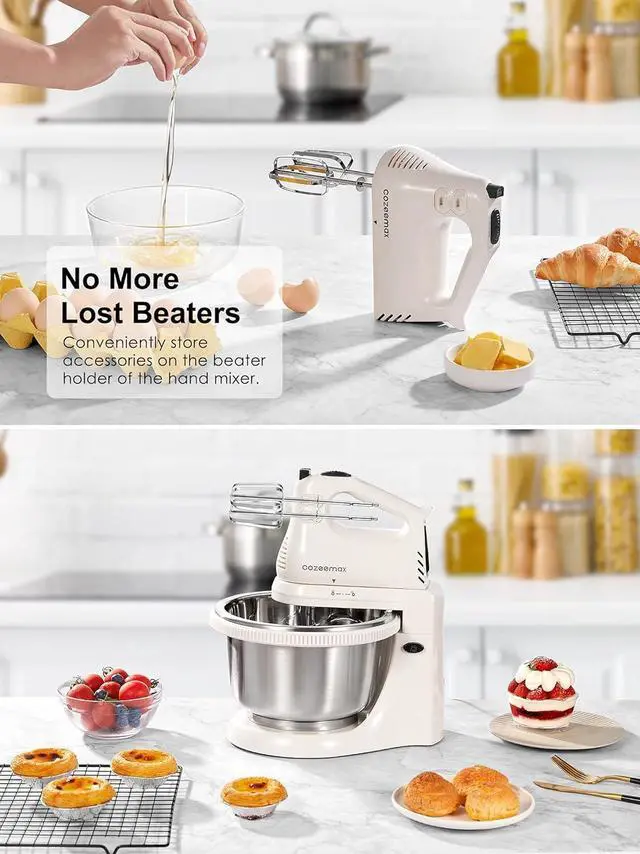 Alt view image 6 of 7 - 2 in 1 Hand Mixers Kitchen Electric Stand mixer with bowl 3 Quart, electric mixer handheld for Everyday Use, Dough Hooks & Mixer Beaters for Frosting, Meringues & More (White-S)