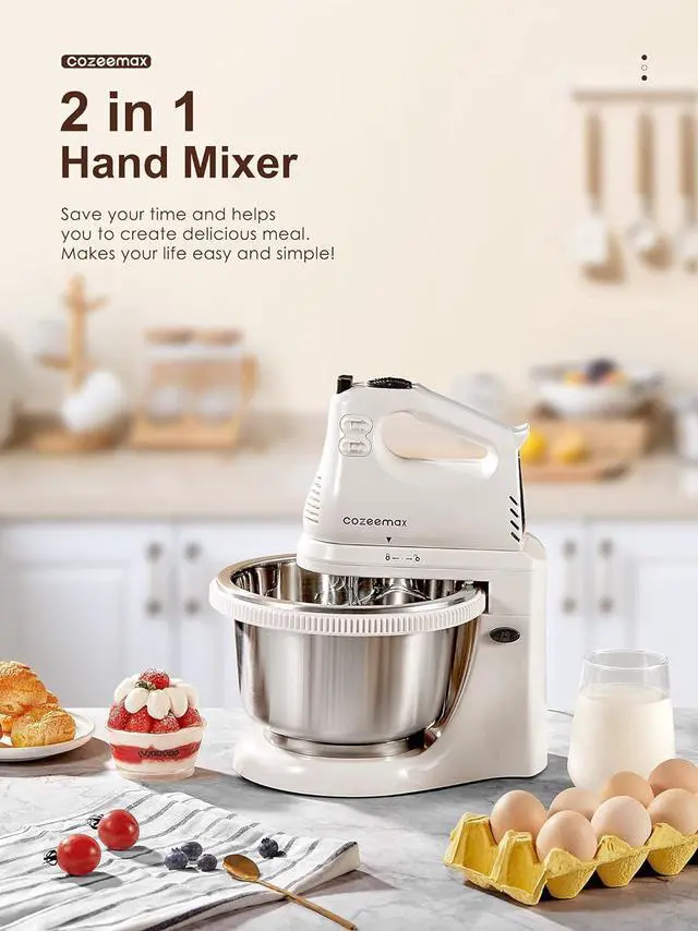 Alt view image 7 of 7 - 2 in 1 Hand Mixers Kitchen Electric Stand mixer with bowl 3 Quart, electric mixer handheld for Everyday Use, Dough Hooks & Mixer Beaters for Frosting, Meringues & More (White-S)