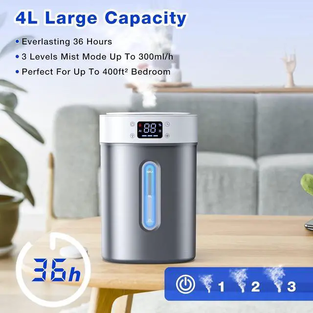 Alt view image 3 of 7 - 4L Ultrasonic Cool Mist Humidifier with 304 Stainless Steel Tank, Auto Humidity Control, Night Light, and Timer - For Large Rooms and Baby