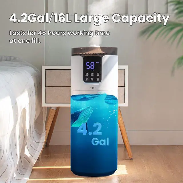 Alt view image 3 of 7 - Humidifier large room, Lacidoll 16L/4.2Gal Whole house Humidifier 2000 sq.ft. Ultrasonic Cool Mist Humidifier for Home with Extension Tube, Quiet Bedroom Humidifier with Aroma Box, White