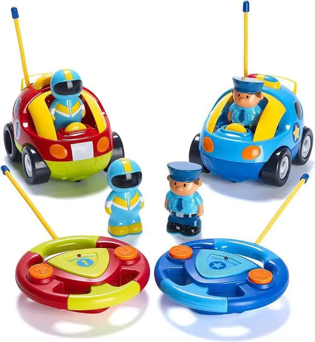 Main image of PREXTEX 2 Pack Cartoon Remote Control Cars - Police Car and Race Car for Toddlers - RC Cars for Kids with Different Frequencies - Easy Remote Control Toy for Boys and Girls - Toddler Gifts 18+ Months