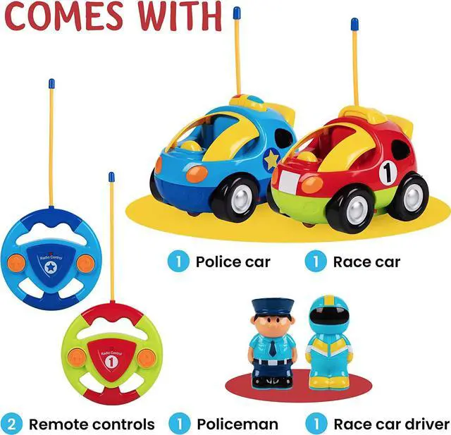 Alt view image 2 of 7 - PREXTEX 2 Pack Cartoon Remote Control Cars - Police Car and Race Car for Toddlers - RC Cars for Kids with Different Frequencies - Easy Remote Control Toy for Boys and Girls - Toddler Gifts 18+ Months