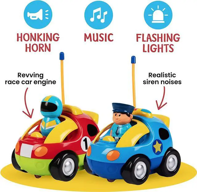 Alt view image 3 of 7 - PREXTEX 2 Pack Cartoon Remote Control Cars - Police Car and Race Car for Toddlers - RC Cars for Kids with Different Frequencies - Easy Remote Control Toy for Boys and Girls - Toddler Gifts 18+ Months