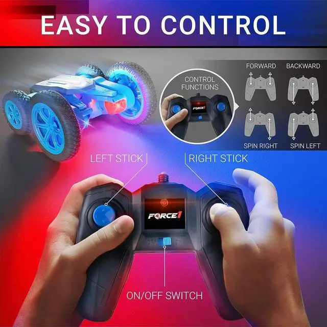 Alt view image 3 of 6 - Force1 Tornado LED Remote Control Car for Kids - Double Sided Fast RC Car, 4WD Off-Road Stunt Car with 360 Flips, All Terrain Tires, LEDs, Rechargeable Toy Car Batteries, and Easy Remote