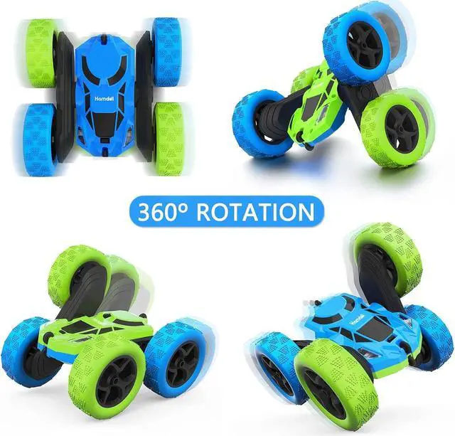 Alt view image 2 of 6 - Remote Control Car for 6-12 Year Old Double Sided 360°Rotating 4WD RC Cars with Headlights 2.4GHz Electric Rechargeable Race Stunt Toy Car for Boys Girls Birthday (Blue&Green)