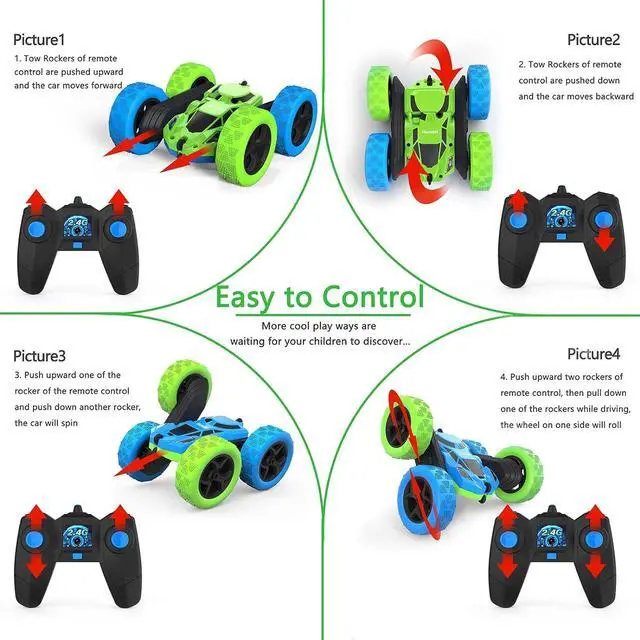 Alt view image 4 of 6 - Remote Control Car for 6-12 Year Old Double Sided 360°Rotating 4WD RC Cars with Headlights 2.4GHz Electric Rechargeable Race Stunt Toy Car for Boys Girls Birthday (Blue&Green)