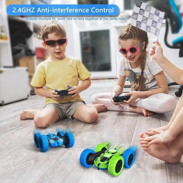 Alt view image 5 of 6 - Remote Control Car for 6-12 Year Old Double Sided 360°Rotating 4WD RC Cars with Headlights 2.4GHz Electric Rechargeable Race Stunt Toy Car for Boys Girls Birthday (Blue&Green)