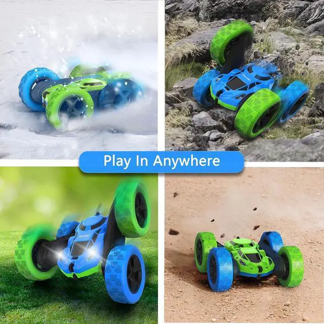 Alt view image 6 of 6 - Remote Control Car for 6-12 Year Old Double Sided 360°Rotating 4WD RC Cars with Headlights 2.4GHz Electric Rechargeable Race Stunt Toy Car for Boys Girls Birthday (Blue&Green)