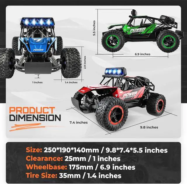Alt view image 5 of 7 - BEZGAR TB141 RC Cars -1:14 Rc Cars for Boys Age 4-7 with Two Rechargeable Batteries, Fast Rc Monster Truck for Kids & Adults, All Terrains Remote Control Car for Boys 8-12 with LED Headlight (Red)