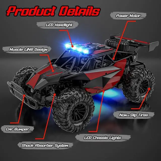 Alt view image 4 of 7 - BLUEJAY Remote Control Car - 2.4GHz High Speed 33KM/H RC Cars Toys, 1:12 Monster RC Truck Off Road with LED Headlight and Rechargeable Battery Gifts for Adults Boys 8-12