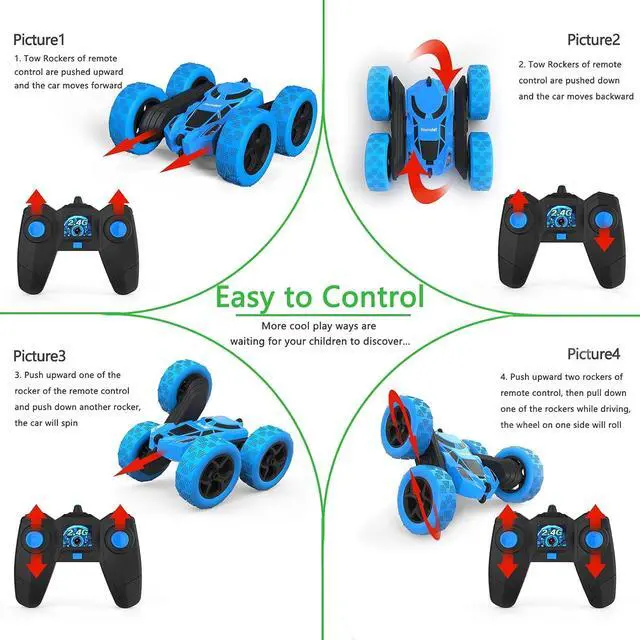 Alt view image 4 of 7 - Remote Control Car Double Sided 360°Rotating 4WD RC Cars with Headlights 2.4GHz Electric Race Stunt Toy Car Rechargeable Toy Cars for Boys Girls Birthday (Blue)