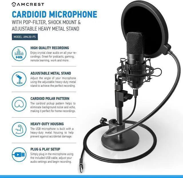 Alt view image 2 of 6 - Podcast Microphone for Streaming, Voice Recording, Gaming, Conferences, Meetings - Included Pop-Filter, Shock Mount, & Adjustable Heavy Metal Stand, USB AM430-PS