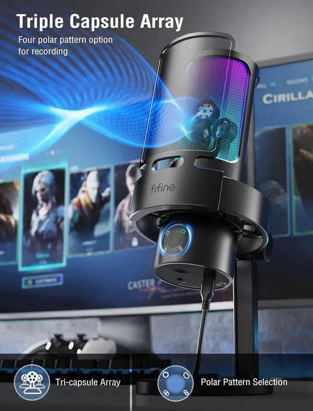 Alt view image 2 of 7 - Gaming USB Microphone, PC Computer Mic with 4 Polar Patterns for Podcast Streaming Recording YouTube, RGB Condenser Desktop Mic for PS4, Mac, with Headphone Jack-AmpliGame A8 Plus