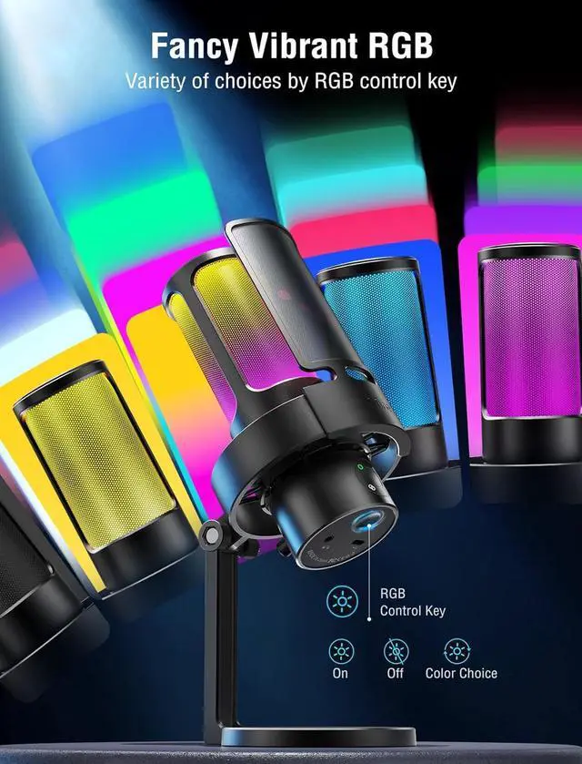 Alt view image 4 of 7 - Gaming USB Microphone, PC Computer Mic with 4 Polar Patterns for Podcast Streaming Recording YouTube, RGB Condenser Desktop Mic for PS4, Mac, with Headphone Jack-AmpliGame A8 Plus