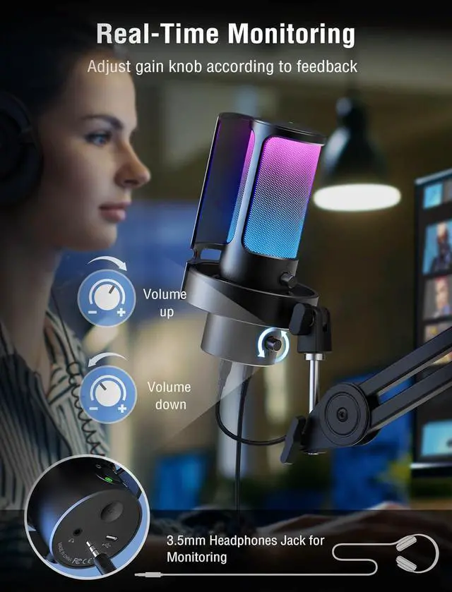 Alt view image 5 of 7 - Gaming USB Microphone, PC Computer Mic with 4 Polar Patterns for Podcast Streaming Recording YouTube, RGB Condenser Desktop Mic for PS4, Mac, with Headphone Jack-AmpliGame A8 Plus