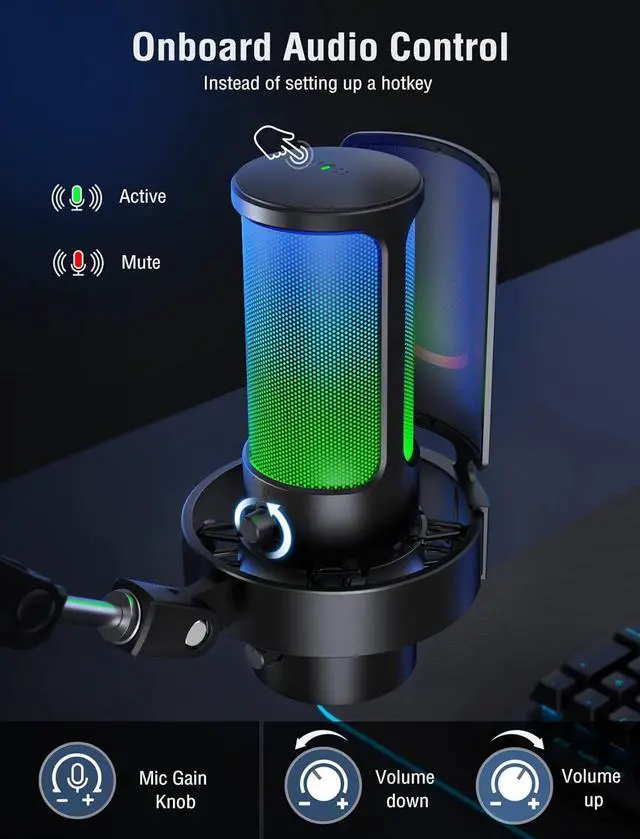 Alt view image 6 of 7 - Gaming USB Microphone, PC Computer Mic with 4 Polar Patterns for Podcast Streaming Recording YouTube, RGB Condenser Desktop Mic for PS4, Mac, with Headphone Jack-AmpliGame A8 Plus