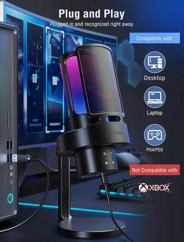 Alt view image 7 of 7 - Gaming USB Microphone, PC Computer Mic with 4 Polar Patterns for Podcast Streaming Recording YouTube, RGB Condenser Desktop Mic for PS4, Mac, with Headphone Jack-AmpliGame A8 Plus