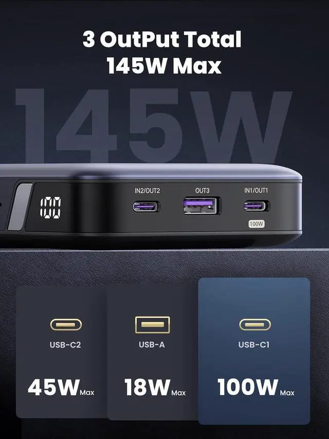 Alt view image 2 of 7 - UGREEN 145W Power Bank 25000mAh Portable Charger, Nexode USB C 3-Port PD3.0 Battery Pack Digital Display, Compatible with MacBook Pro, Laptop, iPhone 15/14/13/12 Series, Samsung, AirPods, and More