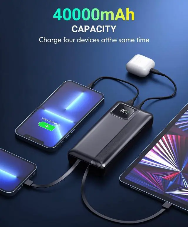 Alt view image 2 of 7 - Power-Bank-Portable-Charger - 40000mAh Power Bank Support PD 30W and QC4.0 Fast Charger with Built-in 2 Output Cable and LED Display for iPhone and Android Phones and Most Electronic Devices