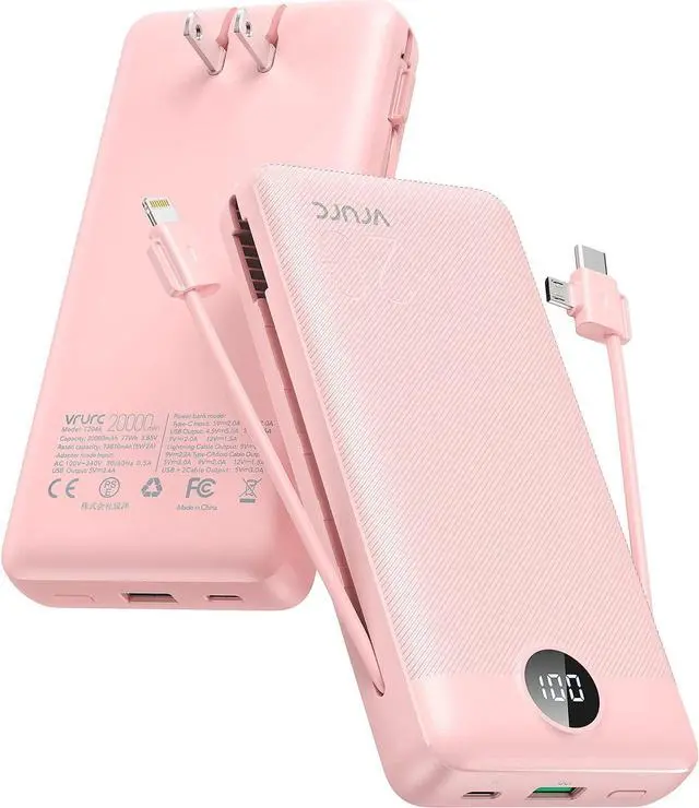 Main image of Portable Charger 20000mAh Fast Charging Power Bank USB C 4 Output 2 Input Travel Essentials Charging Bank Equipped with LED Display Built-in Wall Plug and Cables Phone Charger Battery Pink