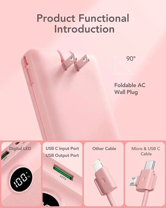 Alt view image 2 of 7 - Portable Charger 20000mAh Fast Charging Power Bank USB C 4 Output 2 Input Travel Essentials Charging Bank Equipped with LED Display Built-in Wall Plug and Cables Phone Charger Battery Pink