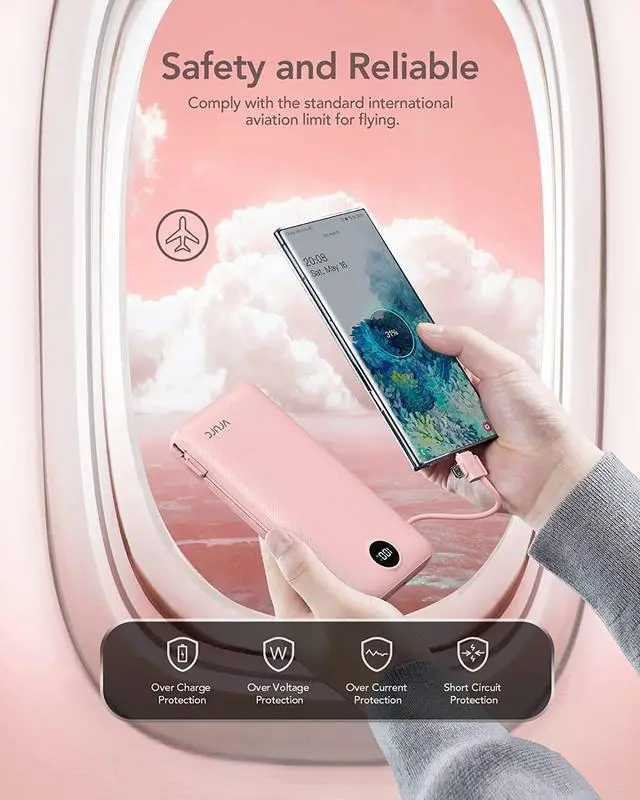 Alt view image 6 of 7 - Portable Charger 20000mAh Fast Charging Power Bank USB C 4 Output 2 Input Travel Essentials Charging Bank Equipped with LED Display Built-in Wall Plug and Cables Phone Charger Battery Pink