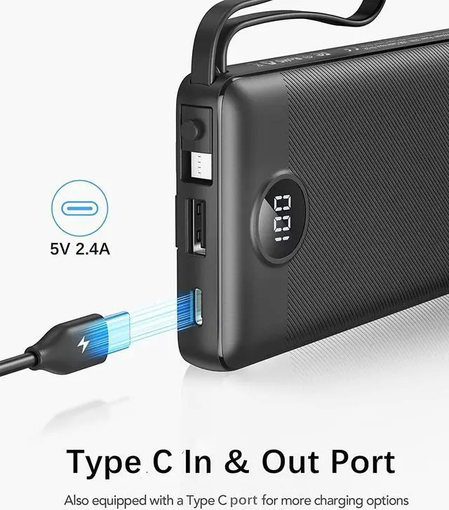 Alt view image 6 of 7 - Portable Charger 10000mAh with Built in Cables, USB C Power Bank Ultra Slim 5 Output 2 Input LED Display VRURC External Battery Pack Phone Charger Compatible with iPhone,Samsung Cell Phones, Black