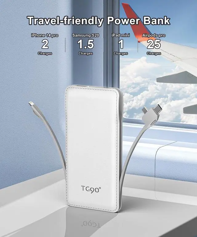 Alt view image 6 of 7 - TG90° Cellphone Portable Charger with Built in Lightning and Android Cables Power Bank 10000mah External Battery Packs, USB-C Portable Battery Backup Charger Compatible with iPhone and Android Phones