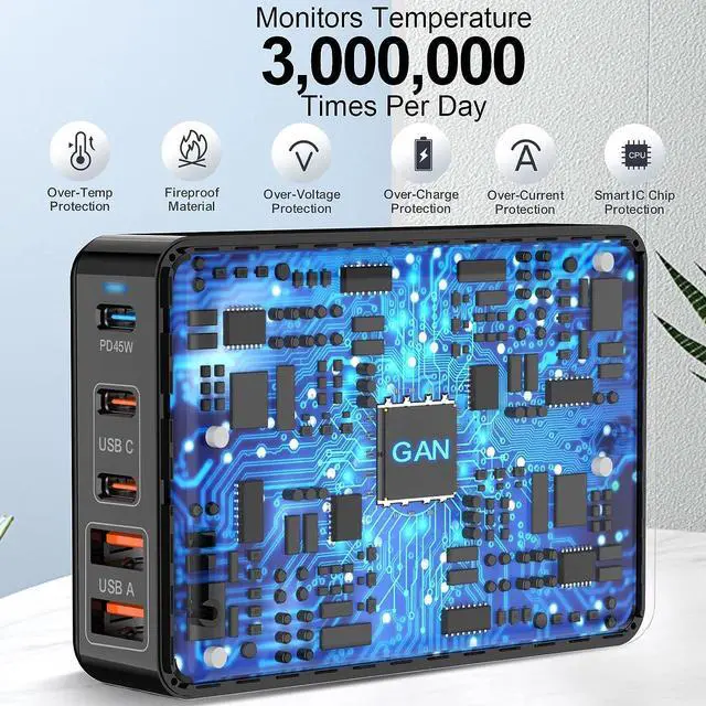 Alt view image 4 of 7 - Fast Charger USB C 100W, 5 Ports Charging Blocks Ultra Thin Flat Plug, USB Charging Hub with 360° Rotated Adhesive Punch-Free Holder, Charging Station for Laptops, Tablets, Cellphones Stuff