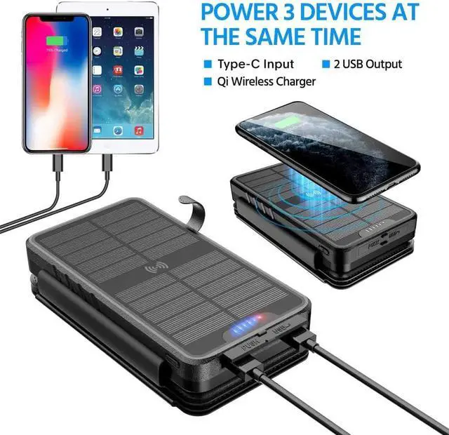 Alt view image 3 of 7 - Solar Charger 38800mAh Power Bank with Dual 5V3.1A Outputs 10W Qi Wireless Charger Waterproof Built-in Solar Panel and Bright Flashlights