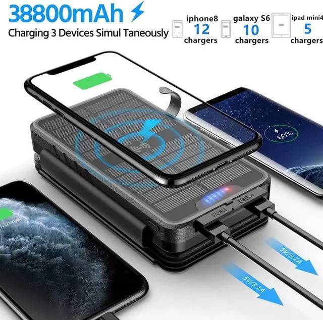 Alt view image 4 of 7 - Solar Charger 38800mAh Power Bank with Dual 5V3.1A Outputs 10W Qi Wireless Charger Waterproof Built-in Solar Panel and Bright Flashlights
