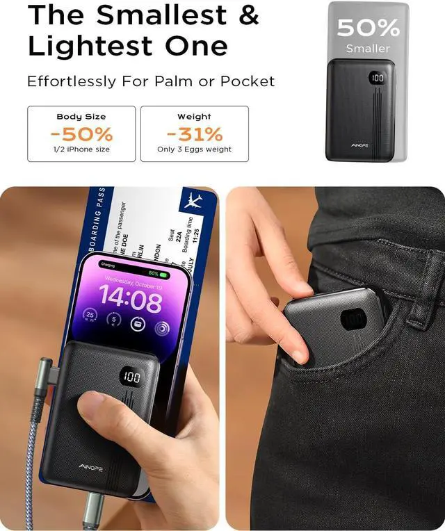 Alt view image 4 of 7 - AINOPE Small Portable Charger for iPhone, Mini 10000mAh Power Bank,20W PD Fast Mini Mobile Power Bank,Small Portable Charger Power Bank for iPhone 15/14/13/12/11/XR/8/7/6 etc,Samsung Galaxy Android