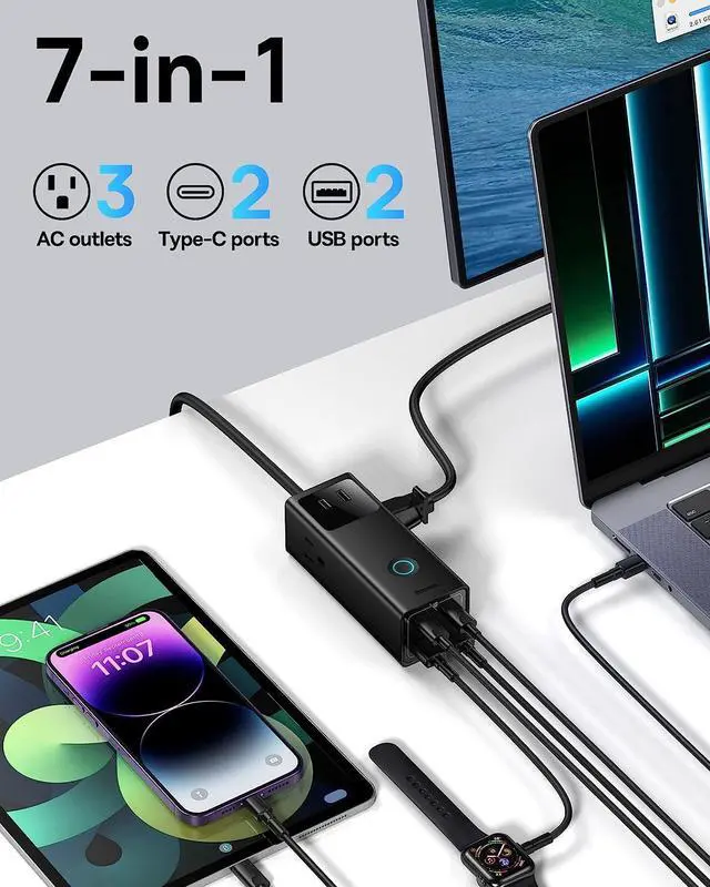 Alt view image 2 of 7 - Baseus Charging Station 65W, 7 in 1 Power Strip USB C GaN Charger Surge Protector 1200J with 5ft Extension Cord, Desktop Outlet Extender Fast Charging for Laptops (100W USB C Cable Included)