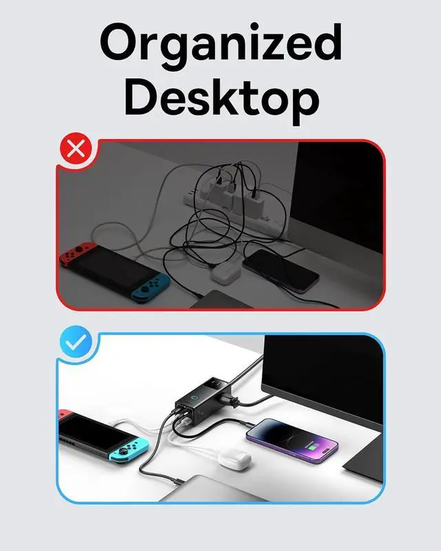 Alt view image 5 of 7 - Baseus Charging Station 65W, 7 in 1 Power Strip USB C GaN Charger Surge Protector 1200J with 5ft Extension Cord, Desktop Outlet Extender Fast Charging for Laptops (100W USB C Cable Included)