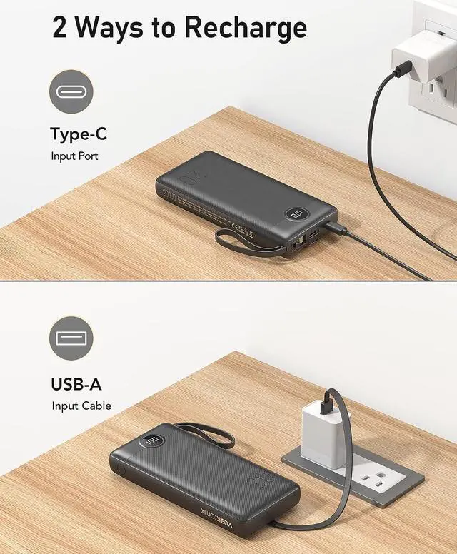 Alt view image 5 of 7 - VEEKTOMX Power Bank with Built in Cables, 20000mAh Huge Capacity Portable Charger with 5 Output and LED Display, External Battery Compatible with iPhone/iPad/Samsung and Other Smart Devices for Travel