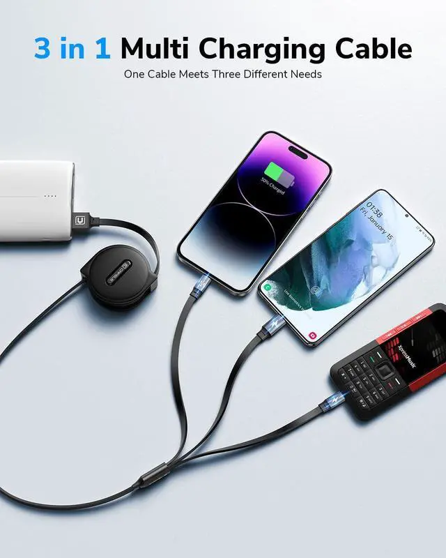 Alt view image 2 of 7 - CAFELE 2025 Upgraded Multi Charging Cable 3A, [2Pack 4ft] Retractable Charging Cable with Type C/L/Micro USB Ports, 3 in 1 Fast Charger Cord for Multiple Devices, Phone 16 15 14/Galaxy/Pads/Tablets