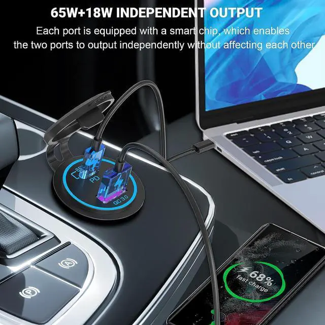 Alt view image 4 of 7 - 83W 12V USB Outlet Laptop Charger: Newest 2 Pack 65W USB-C PD3.0 and 18W QC3.0 Multi Car USB Port 12V Socket Waterproof with Power Switch for Car Boat Marine Bus Truck Golf Cart RV Moto, etc.