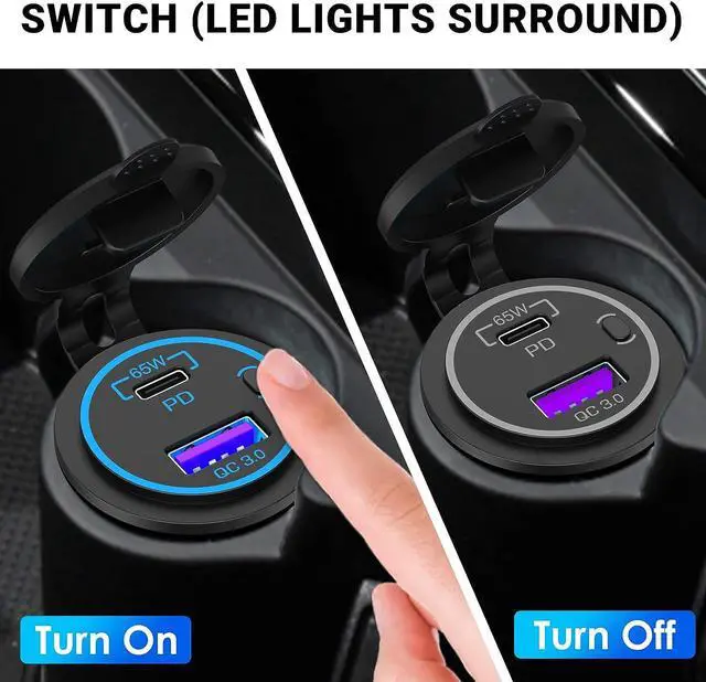 Alt view image 5 of 7 - 83W 12V USB Outlet Laptop Charger: Newest 2 Pack 65W USB-C PD3.0 and 18W QC3.0 Multi Car USB Port 12V Socket Waterproof with Power Switch for Car Boat Marine Bus Truck Golf Cart RV Moto, etc.