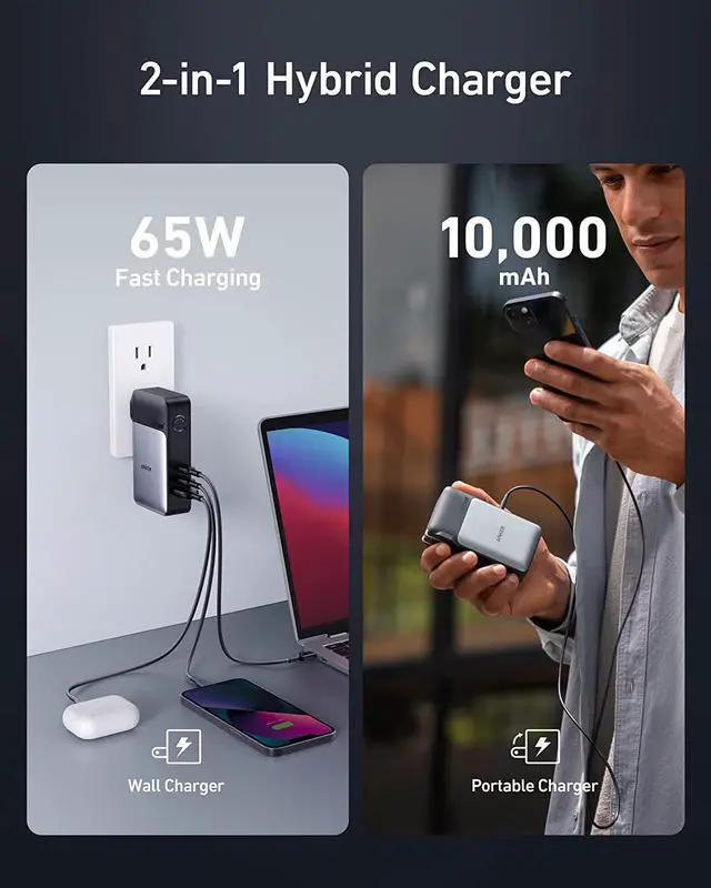 Alt view image 3 of 6 - GaNPrime Power Bank 2-in-1 Portable Charger 10 000mAh 30W USB-C Battery Pack with 65W Wall Charger Works for iPhone 15/15 Plus/15 Pro/15 Pro Max/14/13  Pixel MacBook